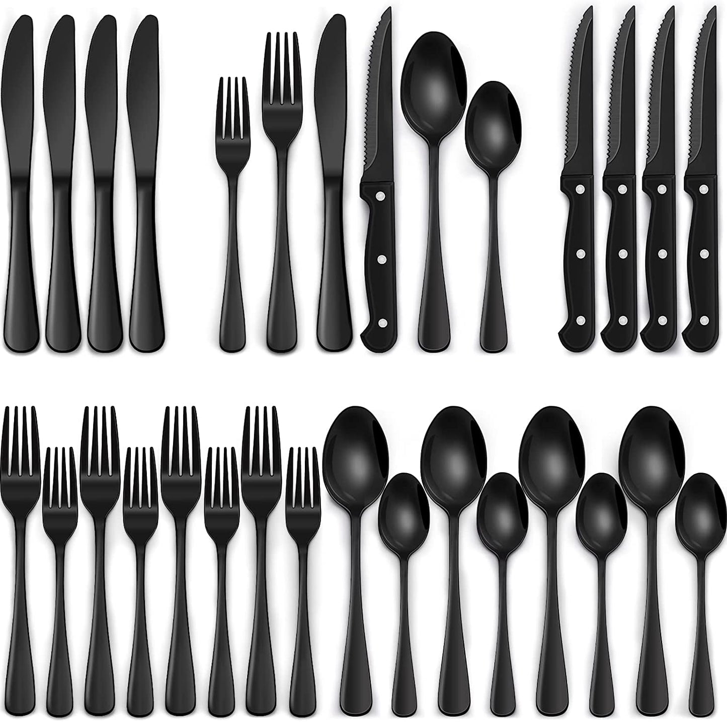 24-Piece Black Silverware Set with Steak Knives, Flatware for 4, Food-Grade Stainless Steel Tableware Cutlery Set, Mirror Finished Utensil Sets Home Restaurant