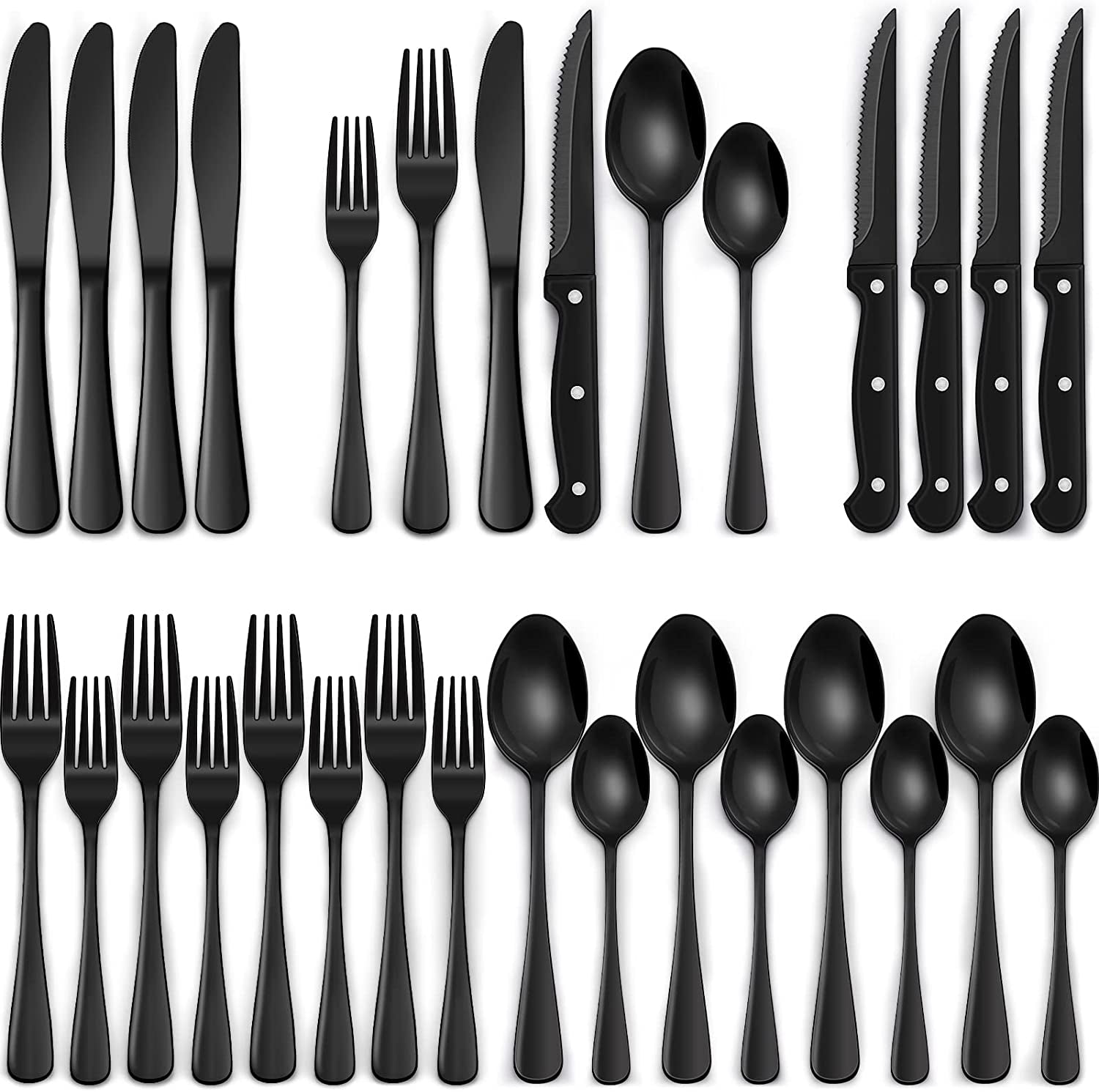 24-Piece Black Silverware Set with Steak Knives, Flatware for 4, Food-Grade Stainless Steel Tableware Cutlery Set, Mirror Finished Utensil Sets Home Restaurant