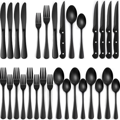 24-Piece Black Silverware Set with Steak Knives, Flatware for 4, Food-Grade Stainless Steel Tableware Cutlery Set, Mirror Finished Utensil Sets Home Restaurant
