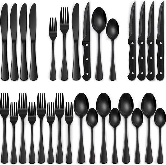 24-Piece Black Silverware Set with Steak Knives, Flatware for 4, Food-Grade Stainless Steel Tableware Cutlery Set, Mirror Finished Utensil Sets Home Restaurant