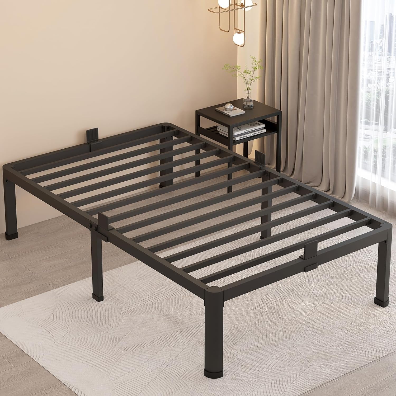 18 Inch Twin Bed Frames with round Corner Legs Mattress Slide Stopper No Box Spring Needed Heavy Duty Metal Platform Bed Frame Under-Bed Storage Space, 3000 LBS Steel Slats Support