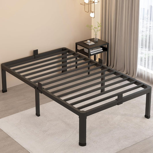 18 Inch Twin Bed Frames with round Corner Legs Mattress Slide Stopper No Box Spring Needed Heavy Duty Metal Platform Bed Frame Under-Bed Storage Space, 3000 LBS Steel Slats Support