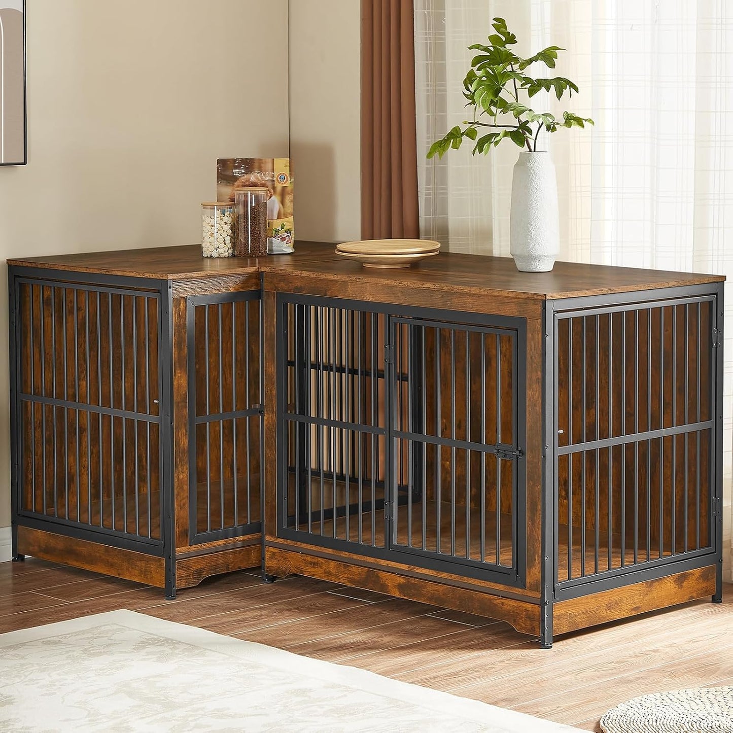 86" Stackable Dog Kennel Furniture with Removable Divider & 3 Doors, Double Dog Crates Furniture for 2 Dogs, Corner Dog Crate Furniture, Rustic Brown