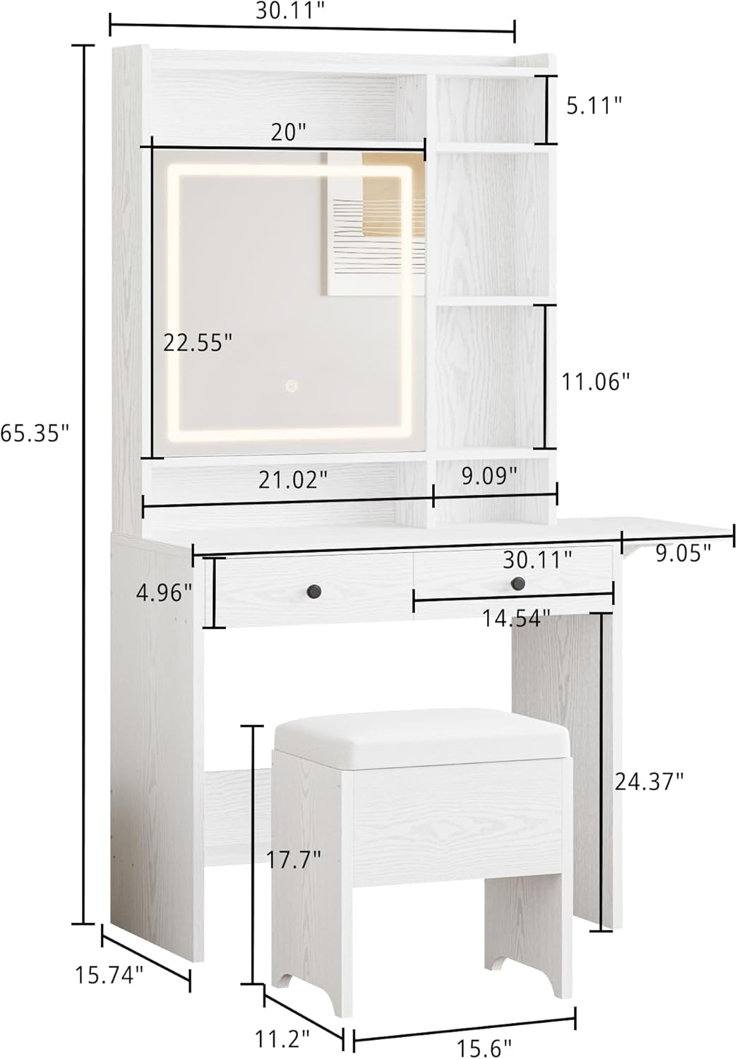Vanity Desk with Mirror and LED Lights, Jewelry Cabinet, Makeup Dressing Table Set with Drawers, Storage Shelves, for Bedroom, 65.3 H White