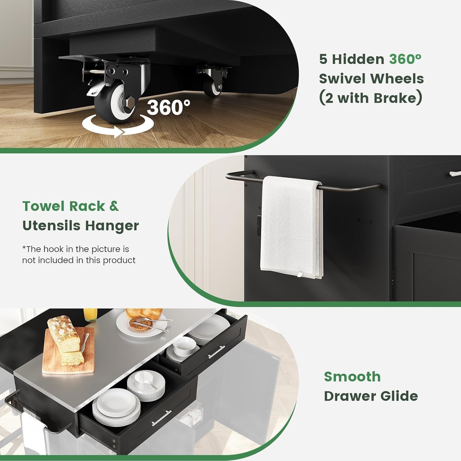 56'' Kitchen Island with Seating and Stainless Steel Countertop, Rolling Kitchen Island on Wheels with Folding Drop Leaf, Power Outlet, Spice/Towel Rack, Island Table Cart for Kitchen, Black