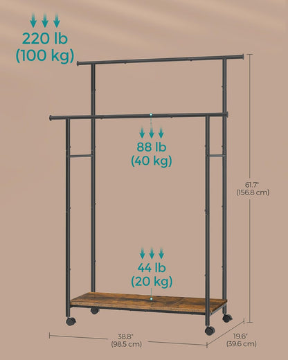 Double-Rod Clothes Rack with Wheels, 38.8 Inches Garment Rack with Shelf for Hanging Clothes, Loads up to 220 Lb, for Bedroom, Closet, Rustic Brown and Ink Black UHSR152B01