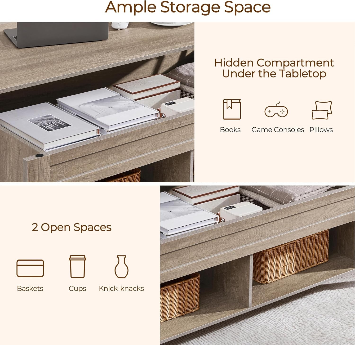 Lift Top Coffee Table, Coffee Table with Hidden Storage Compartment & Lower Shelf, 39.5In Center Table for Living Room, Office, Grey