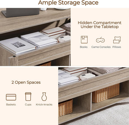 Lift Top Coffee Table, Coffee Table with Hidden Storage Compartment & Lower Shelf, 39.5In Center Table for Living Room, Office, Grey