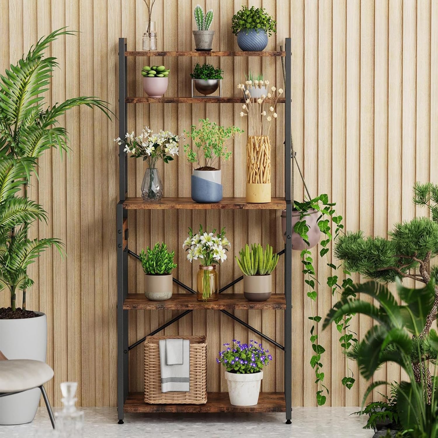 Kitchen Bakers Rack with Power Outlet, 5 Tiers Coffee Bar Table, Kitchen Microwave Stand with 6 S-Shaped Hooks, Kitchen Storage Shelf Rack for Spices, Pots, Rustic Brown