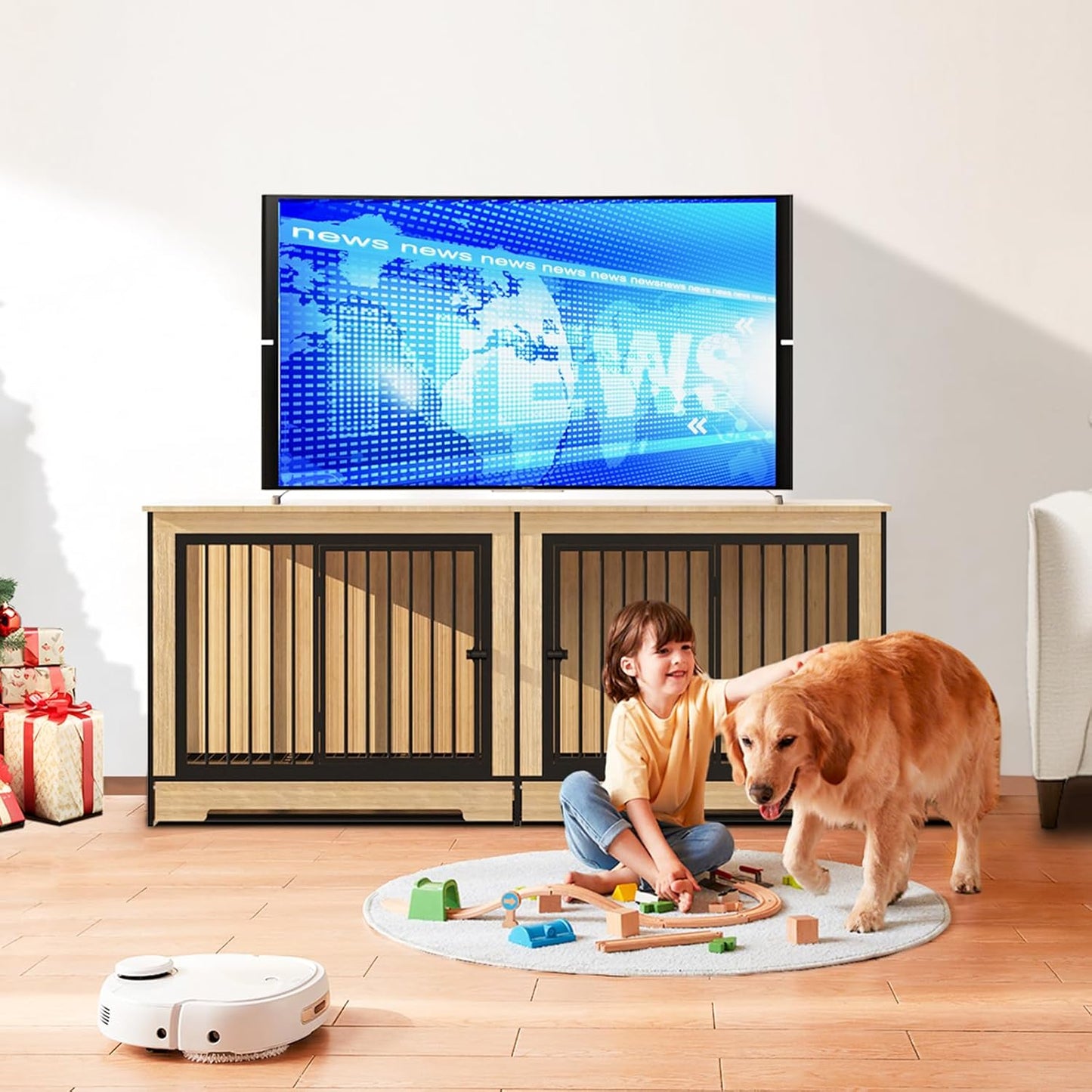 75 Inch Extra Large Double Dog Crate Furniture with Divider, XXL Upgraded Thick Wooden Dog Crate TV Stand