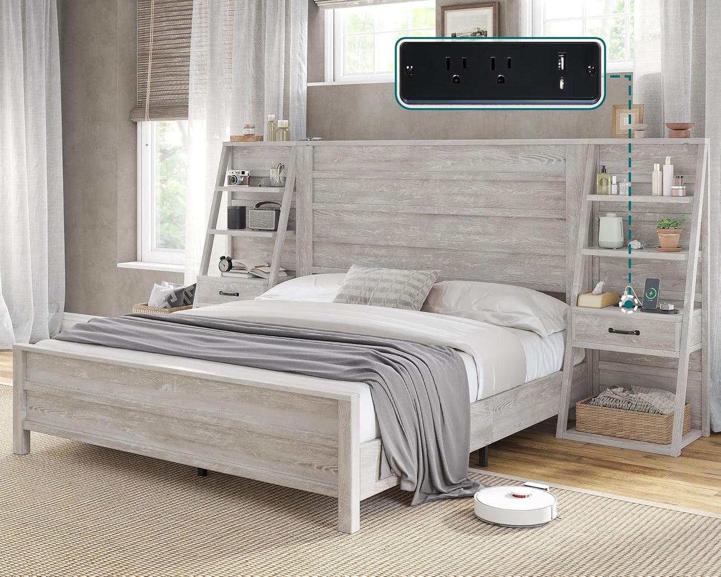 Queen Bed Frame with Bookcase Headboard & 4-Tier Bedside Shelf, Farmhouse Platform Bed with Charging Station and 2 Drawers, Noise-Free