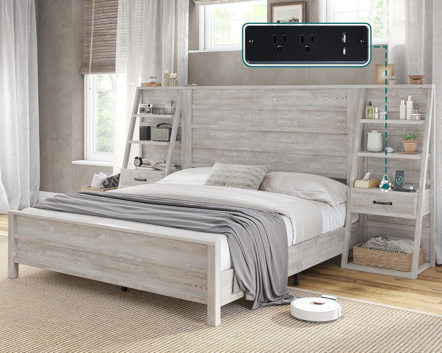 Queen Bed Frame with Bookcase Headboard & 4-Tier Bedside Shelf, Farmhouse Platform Bed with Charging Station and 2 Drawers, Noise-Free