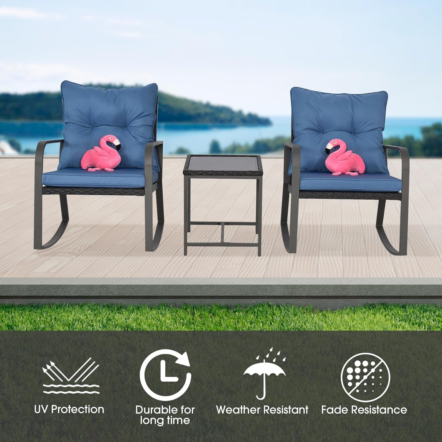 Bistro 3 Piece Patio Furniture Set, Patio Table and Rattan Outdoor Rocking Chairs Set of 2, Outdoor Bistro Conversation Set for Garden, Balcony, Poolside, Backyard, Blue
