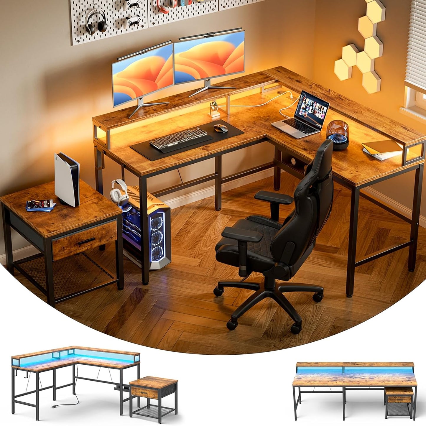 L Shaped Gaming Desk with Monitor Riser & Printer Stand, Home Office Corner Desk with Power Outlets & LED Light, Ergonomic Gaming Desk with Cable Management Tray, Hooks, Rustic Brown