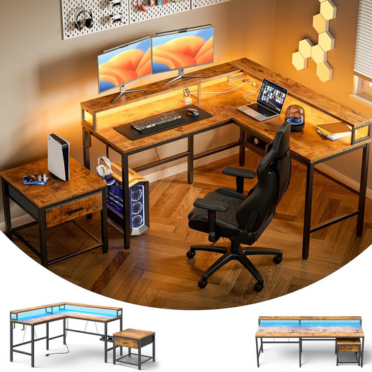 L Shaped Gaming Desk with Monitor Riser & Printer Stand, Home Office Corner Desk with Power Outlets & LED Light, Ergonomic Gaming Desk with Cable Management Tray, Hooks, Rustic Brown