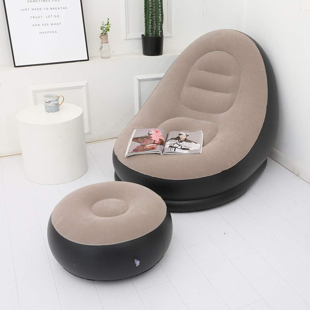 Inflatable Lounge Chair for Adults, Folding Portable Lazy Sofa with Foot Stool Lazy Flocking Recliner Chair Air Couch Sofa for Indoor Outdoor Travel Camping（No Pump）