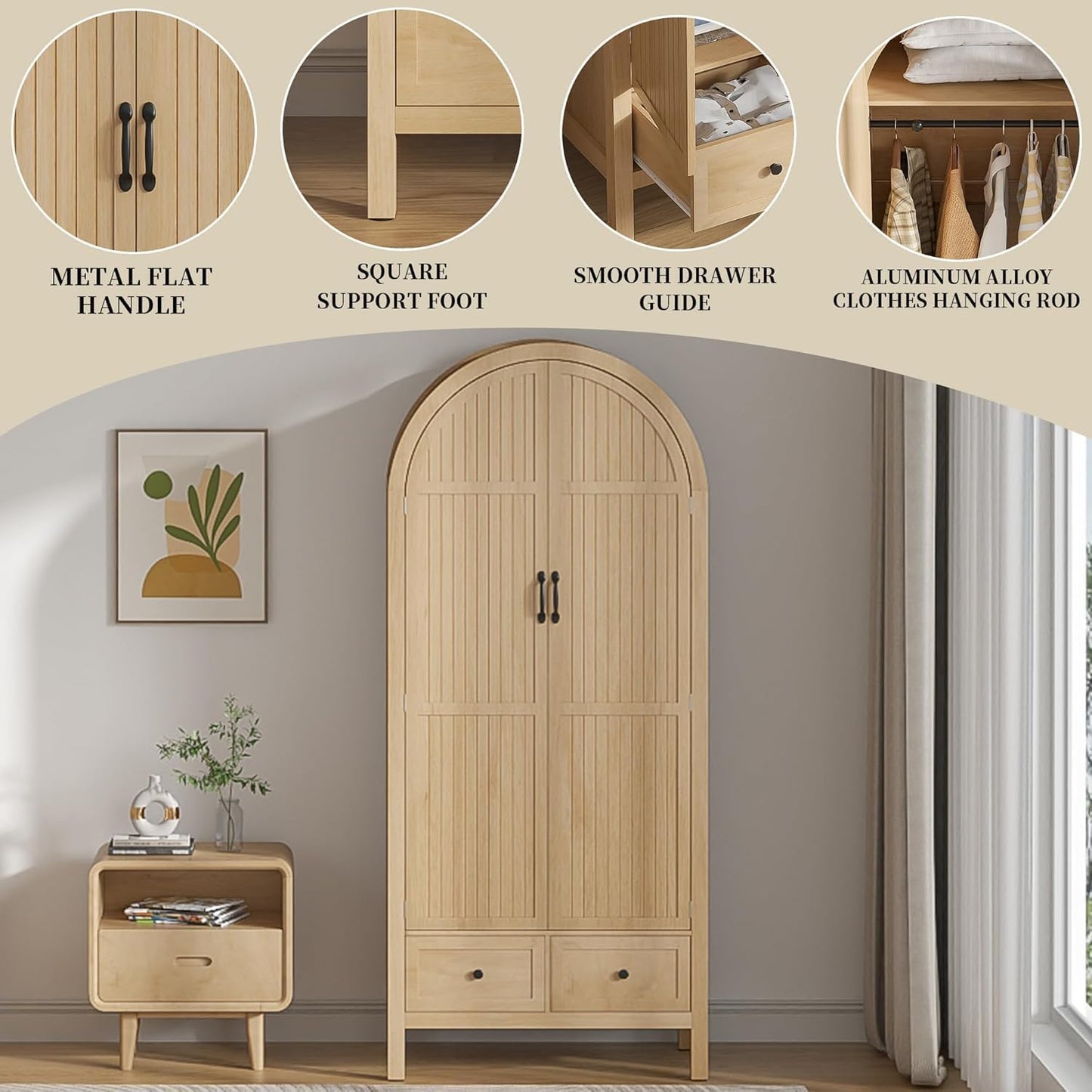 Wardrobe Closet, Armoire Wardrobe Closet with Drawers and 2 Arched Fluted Doors, 70.87‘’ Tall Wooden Bedroom Armoires with Shelves and Hanging Rod (1, Wood Color)