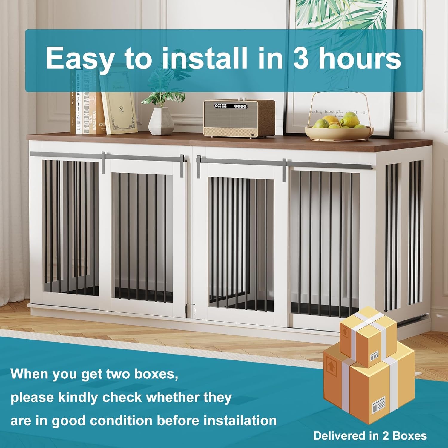 71'' Dog Crate Furniture for 2 Dogs, Wooden Double Dog Crate Large Breed with Cushion, XXL Indoor Dog Kennel Tv Stand End Table with Divider for Large Medium Dogs