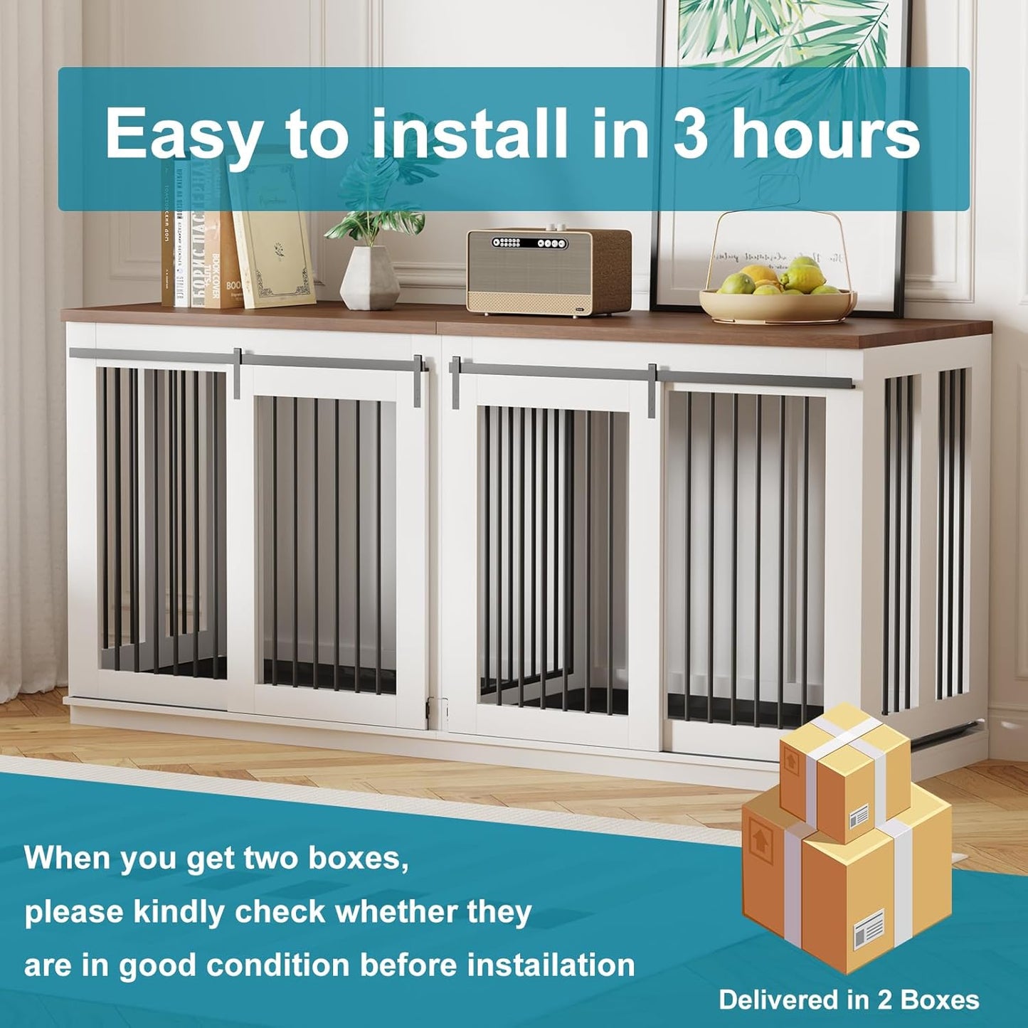 71'' Dog Crate Furniture for 2 Dogs, Wooden Double Dog Crate Large Breed with Cushion, XXL Indoor Dog Kennel Tv Stand End Table with Divider for Large Medium Dogs