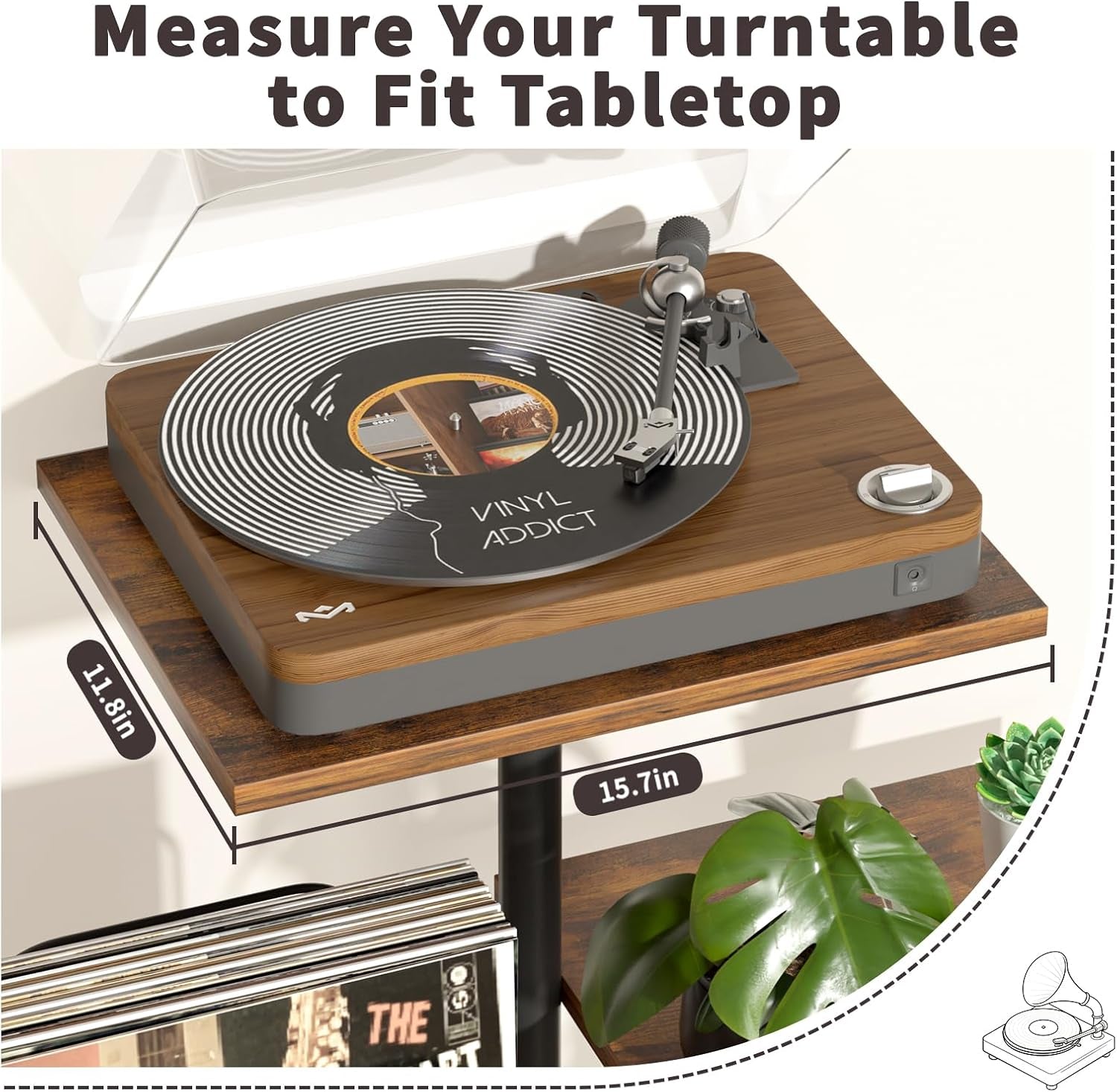 Botanical Record Player Stand with Vinyl Storage, Wood Turntable Table Furniture with LP Record Shelf, Record Album Organizer & Display for Small Spaces, Apartments, Bedroom, Living Room