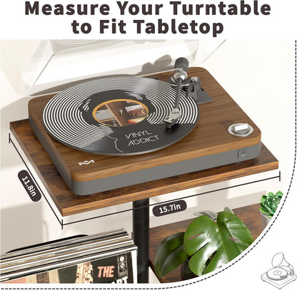 Botanical Record Player Stand with Vinyl Storage, Wood Turntable Table Furniture with LP Record Shelf, Record Album Organizer & Display for Small Spaces, Apartments, Bedroom, Living Room