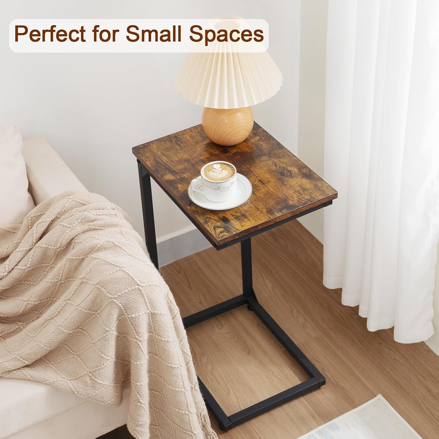 C Shaped Side Table, End Tables Living Room Set of 2, Slide under Couch Table for Sofa, TV Trays for Bedroom, Small Space, Rustic Brown HET02CBR