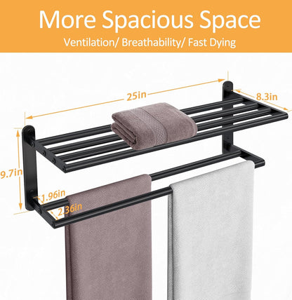 Double Towel Racks for Bathroom, Towel Shelf with Double Towel Bar 24 Inch, Towel Rack with Shelf for Bathroom, Stainless Steel Towel Holder Wall Mounted, Towel Storage for Bathroom Lavatory Black