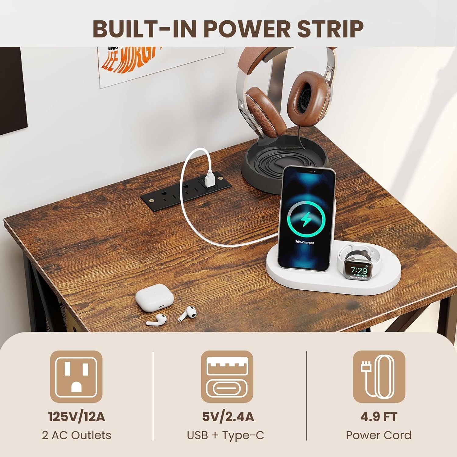 Record Player Stand with Charging Station, Turntable Stand with Record Storage & 4 Rolling Wheels, Vinyl Record Storage Table up to 250 Albums for Living Room, Bedroom (Dark Brown)