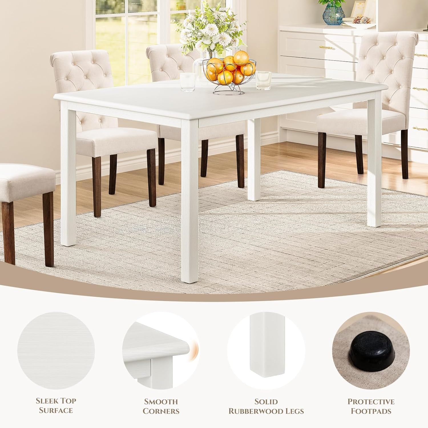 Wooden Dining Table for 6, Rectangle 60 Inch Kitchen Table with Wood Legs, Farmhouse Dinner Table for Dining Room, White