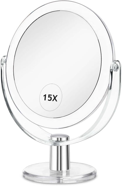 Vanity Makeup Mirror with Stand, 1X/15X Magnification Double Sided 360 Degree Swivel, Portable Table Desk Counter Top Magnifying Mirror, Tabletop Bathroom Shaving Mirror, 6.25 Inch
