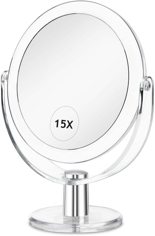 Vanity Makeup Mirror with Stand, 1X/15X Magnification Double Sided 360 Degree Swivel, Portable Table Desk Counter Top Magnifying Mirror, Tabletop Bathroom Shaving Mirror, 6.25 Inch
