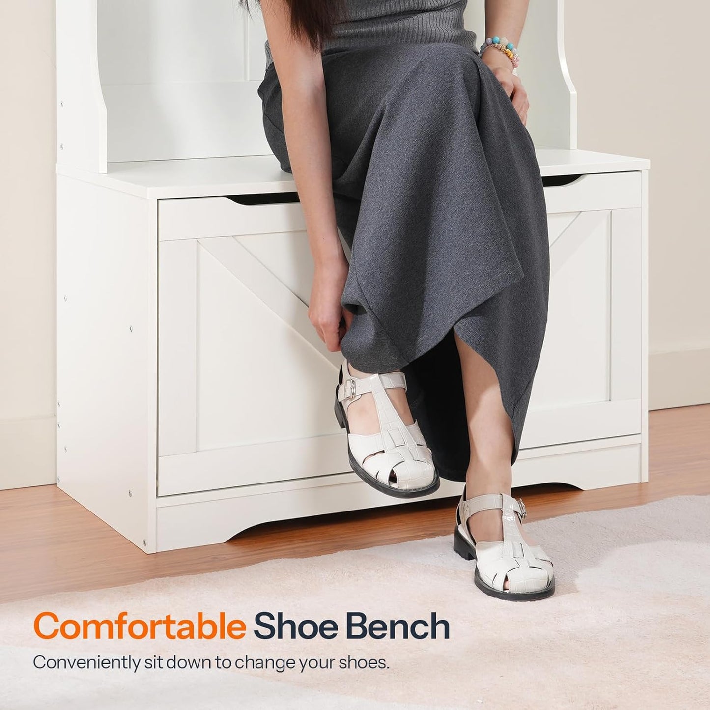Hall Tree with Bench and Shoe Storage, Entryway Bench with Coat Rack and Shoe Cabinet, Flip-Down Cabinet Door, Coat Rack with Shoe Rack, for Mud Room, White WT84MT01