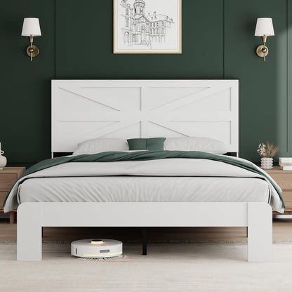 Queen Size Farmhouse Wooden Bed Frame with Headboard, Boho Platform Bedframe Sturdy Metal Slats Support, Spring Needed, Noisy Free, Easy Assembly (Queen, White)