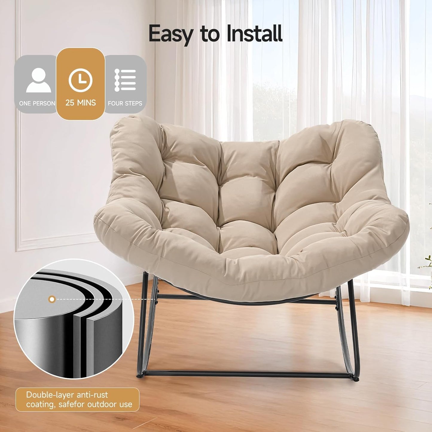 Indoor Rocking Papasan Chair, 450 Lbs Oversized Indoor Egg Comfy Chairs, Rocking Reading Chair with Thickened Cushion, Lounge Cozy Chairs for Bedroom Living Room, Beige