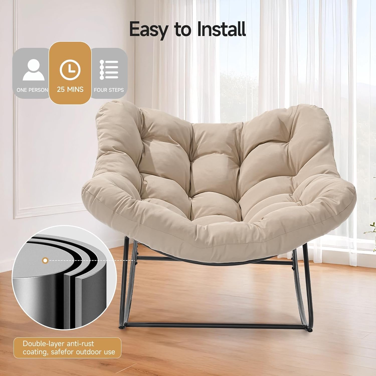 Indoor Rocking Papasan Chair, 450 Lbs Oversized Indoor Egg Comfy Chairs, Rocking Reading Chair with Thickened Cushion, Lounge Cozy Chairs for Bedroom Living Room, Beige