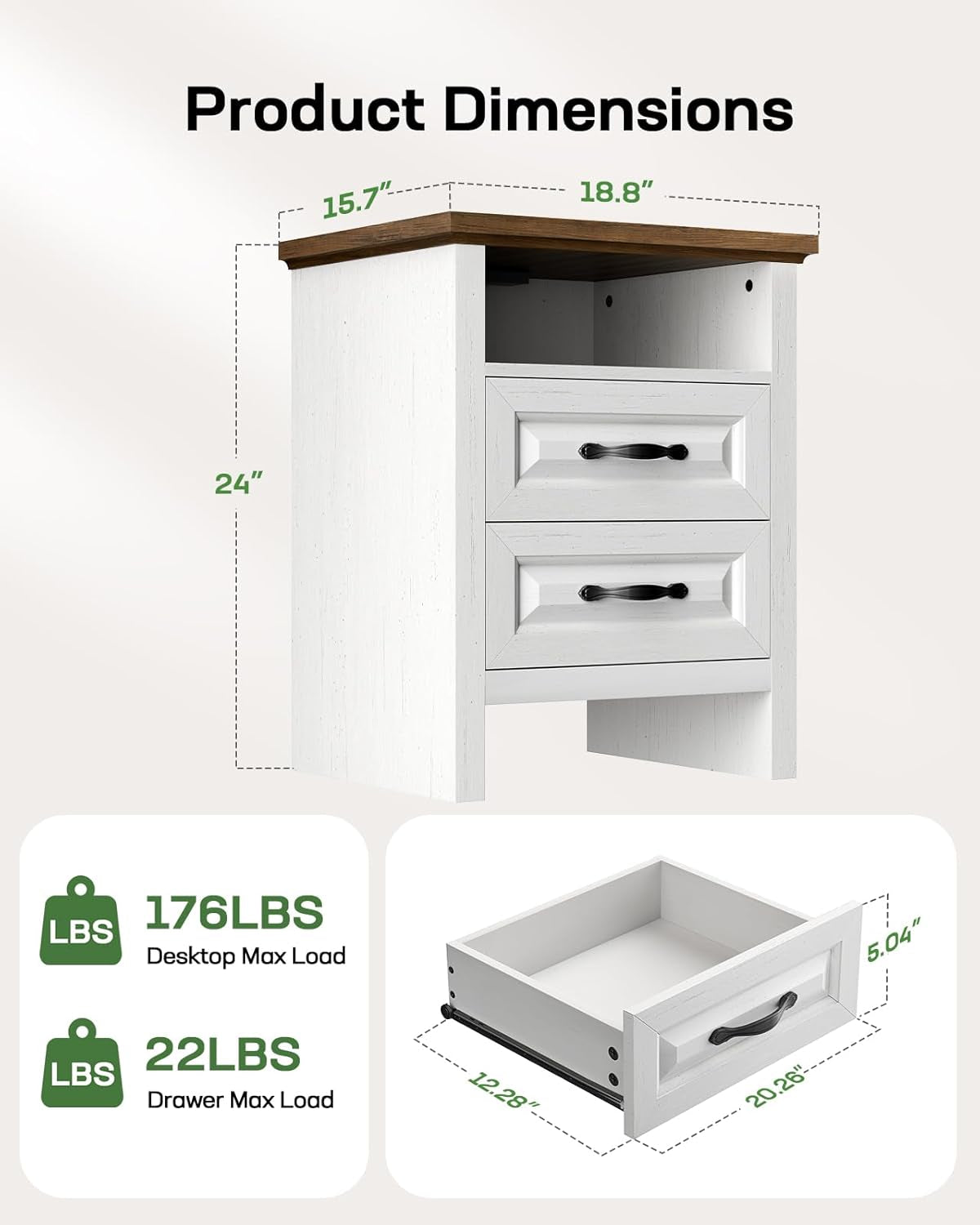 Nightstand Set of 2 for Bedroom, Night Stand with Charging Station, Bedside Table with 2 Drawers & Open Shelf, Farmhouse End Table Storage Cabinet, Wood White