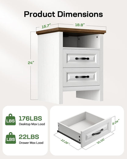 Nightstand Set of 2 for Bedroom, Night Stand with Charging Station, Bedside Table with 2 Drawers & Open Shelf, Farmhouse End Table Storage Cabinet, Wood White