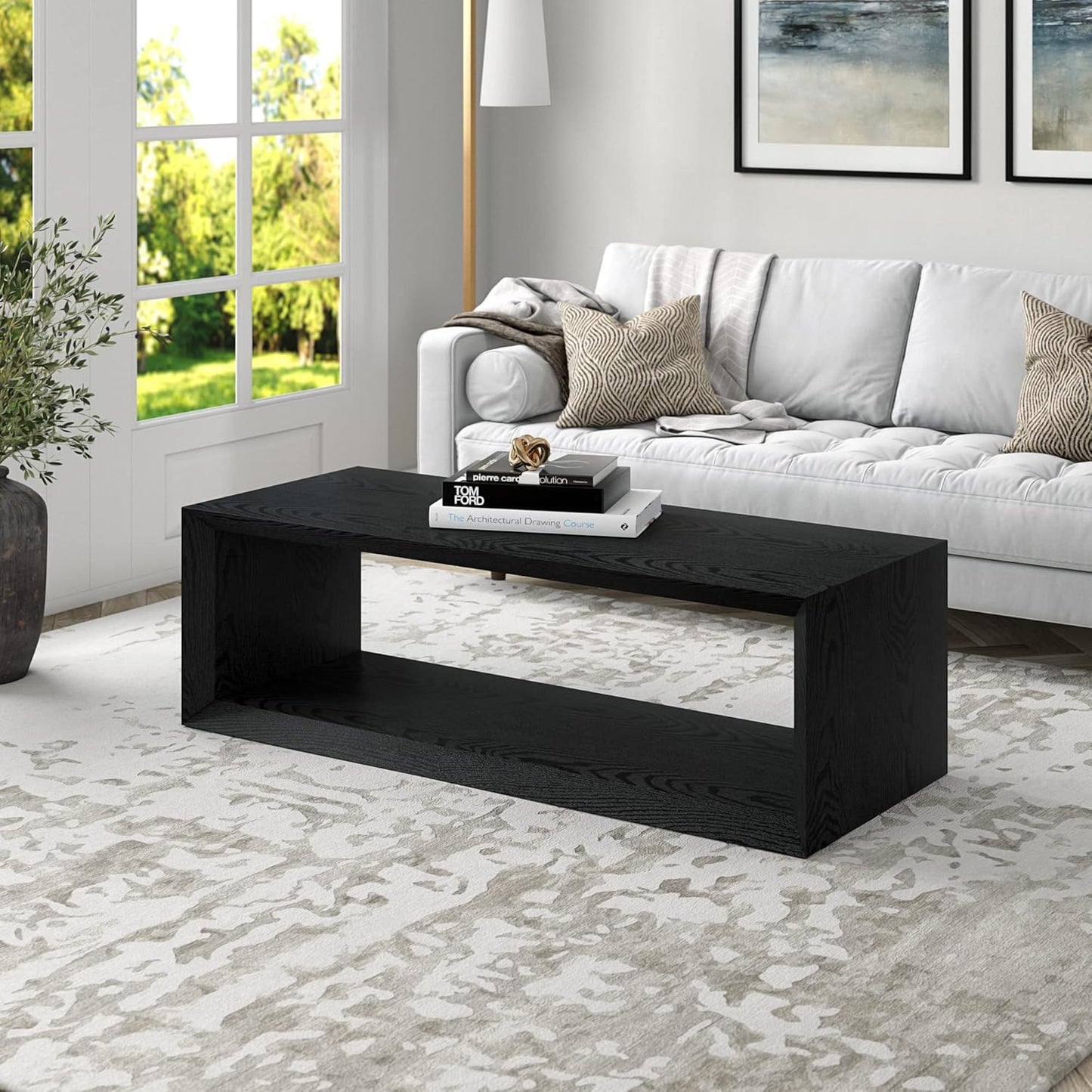 58" Rectangular Coffee Table with Open Storage Shelf for Living Room, Family Room, or Office, Black Grain