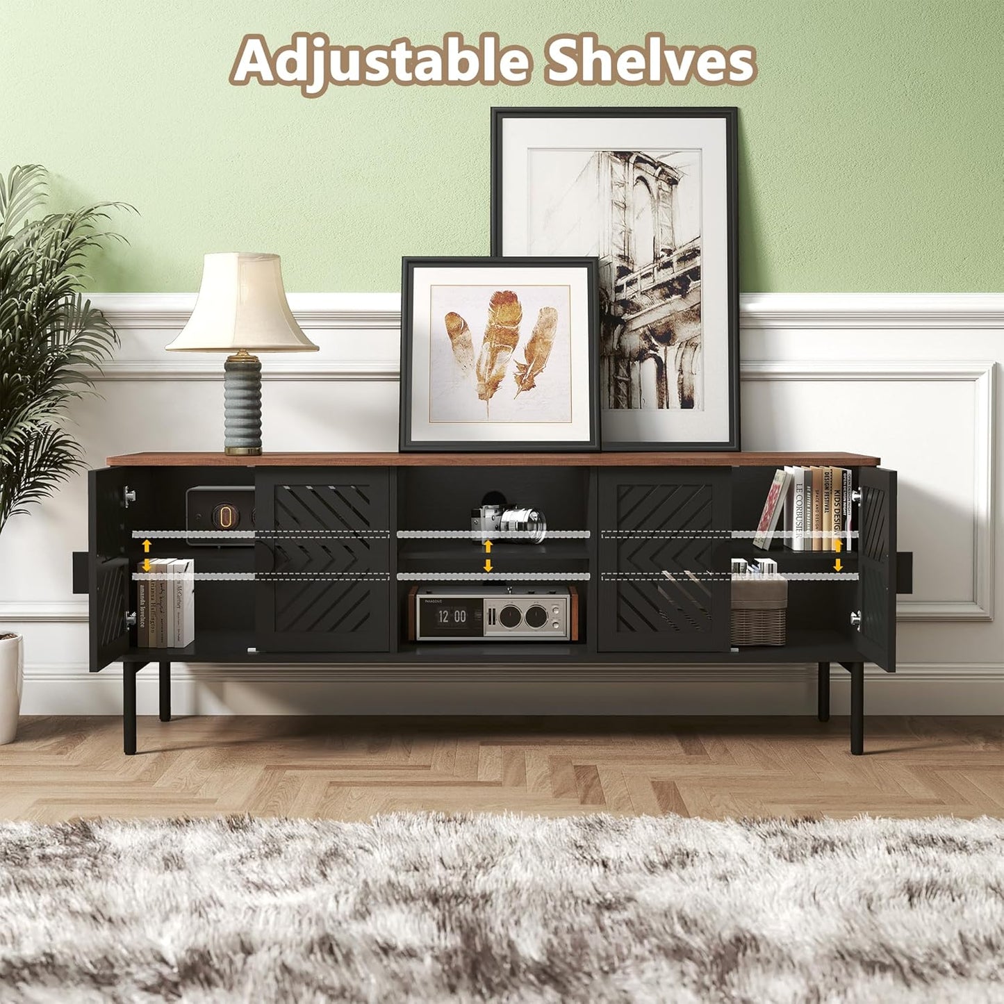 63" Modern TV Stands for Living Room, Long Entertainment Center with Storage, TV Console for 55 60 65 70 Inch TV, Bedroom TV Cabinet with Doors, Wood Media Console, Television Stand, Black