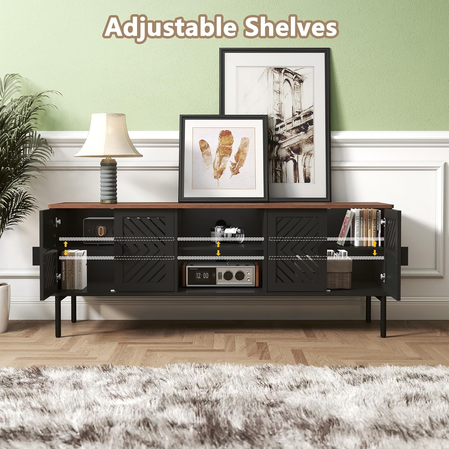 63" Modern TV Stands for Living Room, Long Entertainment Center with Storage, TV Console for 55 60 65 70 Inch TV, Bedroom TV Cabinet with Doors, Wood Media Console, Television Stand, Black