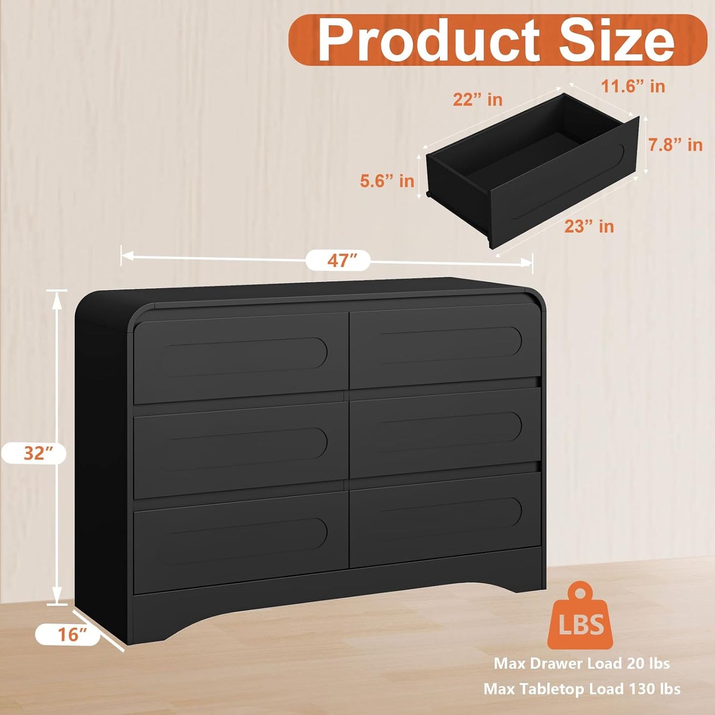 3 Piece Bedroom Set, Dresser and Nightstand Sets for Bedroom, Wood 6 Drawer Dresser & Night Stand Set of 2, Wide Chest of Drawers Modern Storage Cabinet Bedroom Furniture Set, Black
