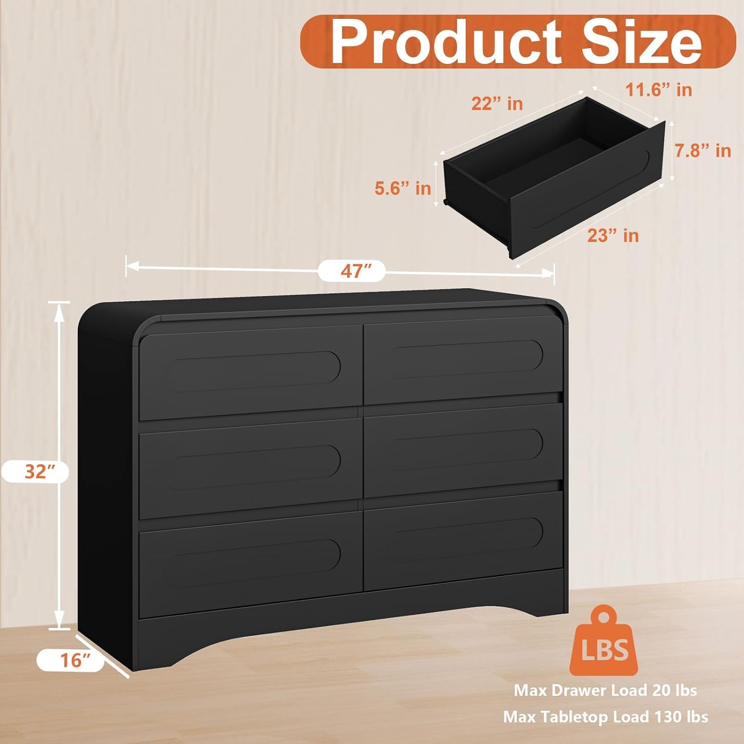 3 Piece Bedroom Set, Dresser and Nightstand Sets for Bedroom, Wood 6 Drawer Dresser & Night Stand Set of 2, Wide Chest of Drawers Modern Storage Cabinet Bedroom Furniture Set, Black