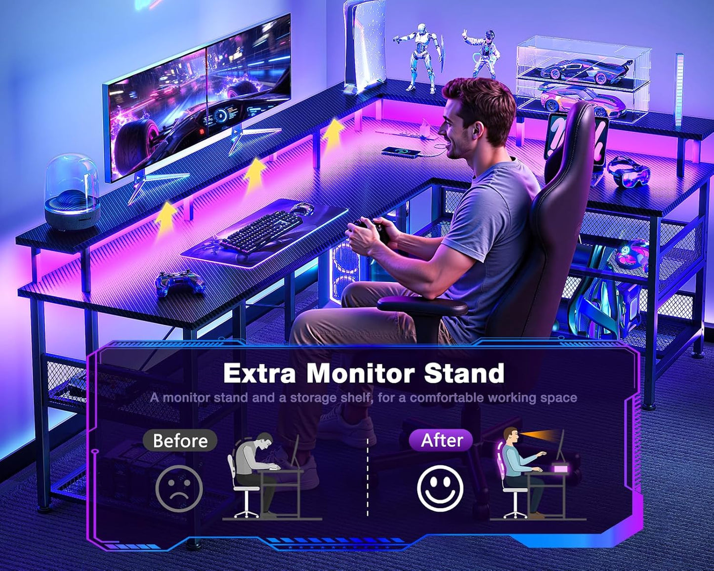 66" L Shaped Gaming Desk with Power Outlet and LED Lights, PC Gaming Table with Carbon Fiber Texture, Reversible L Shape Desk with Storage Shelves & Monitor Stand, Home Office Desk, Black