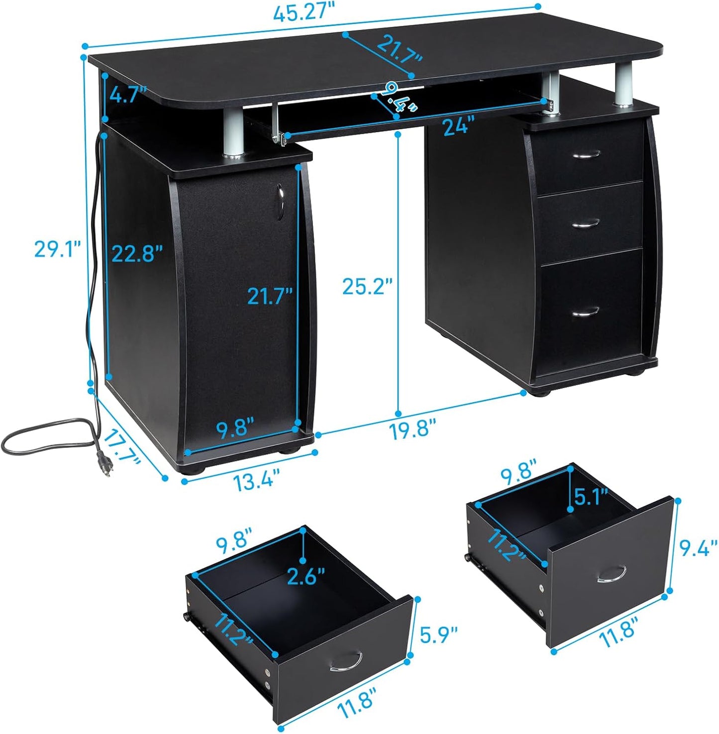 115 * 55 * 74Cm 15Mm MDF Computer Desk Black with 3Pcs Drawers and 1Pc Door Portable Home Office Writing Table for PC Laptop Study Workstation