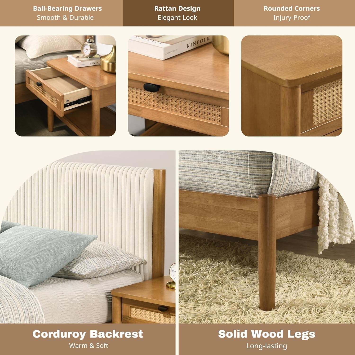 Vichy 2-Piece Rubberwood Bedroom Set with Upholstered Queen Bed and Nightstand, Corduroy