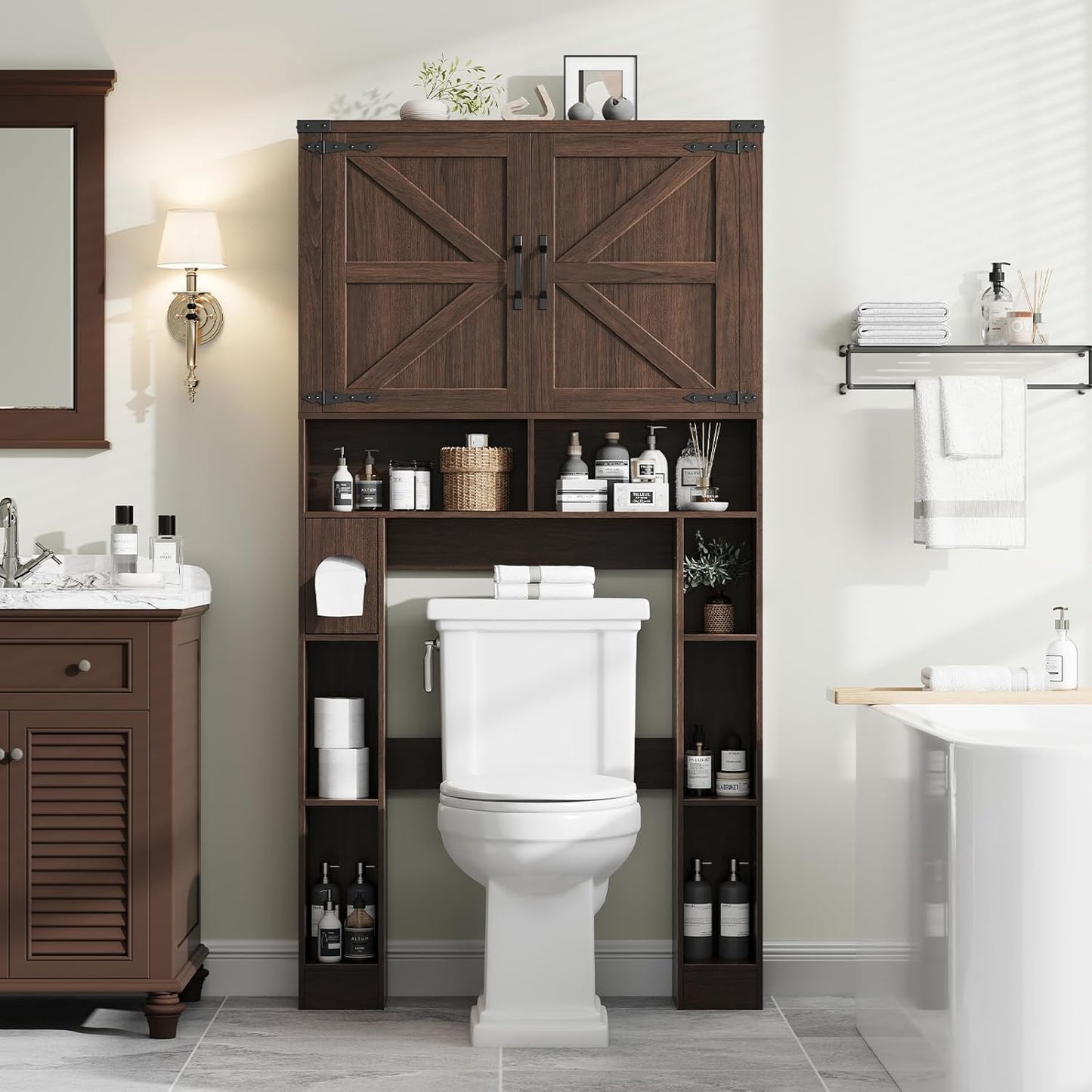 Over the Toilet Storage Cabinet, Farmhouse Storage Cabinet over Toilet with 2 Barn Doors ，Toilet Paper Holder Stand，Home Space-Saving Toilet Rack, for Laundry, Restroom, Bathroom.Espresso