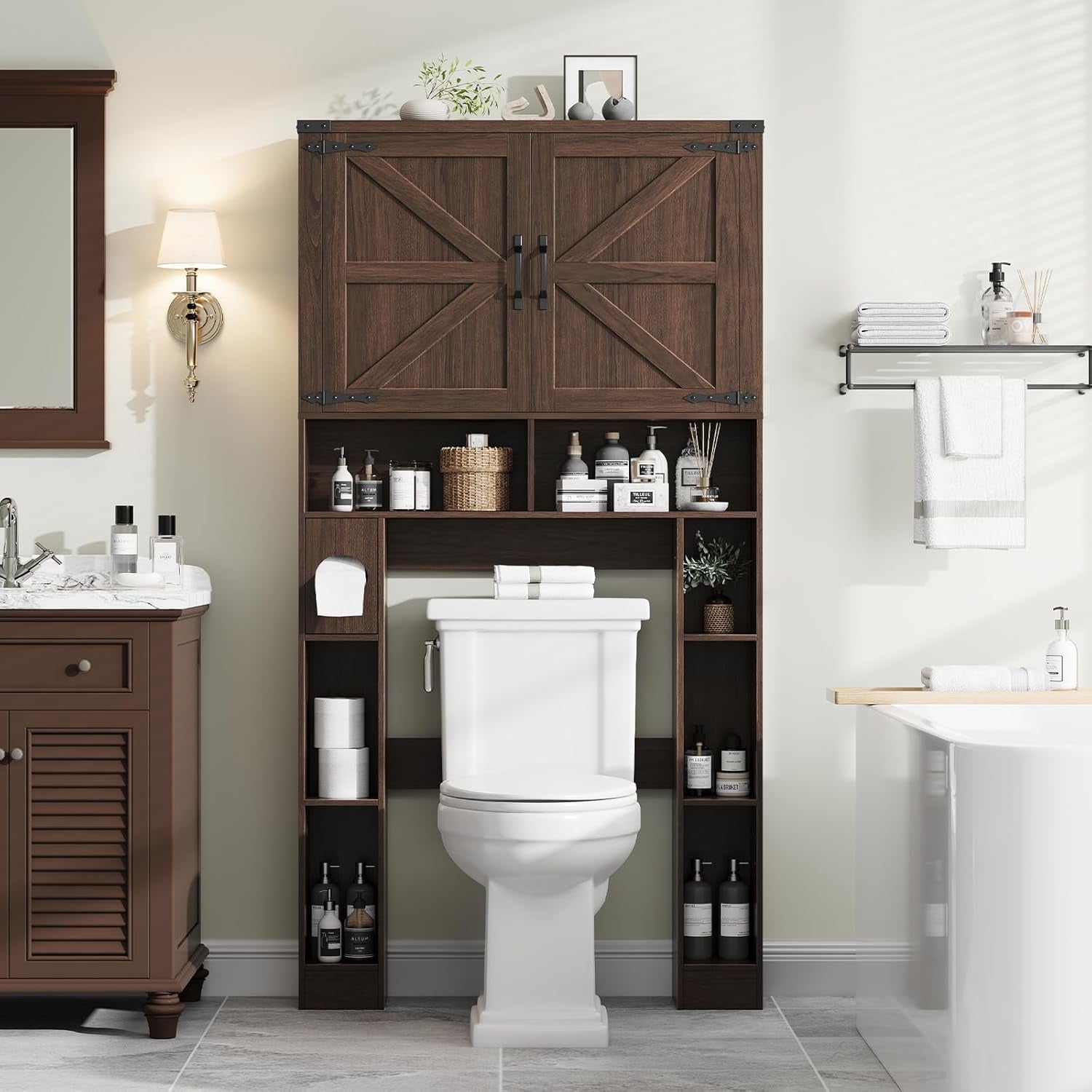 Over the Toilet Storage Cabinet, Farmhouse Storage Cabinet over Toilet with 2 Barn Doors ，Toilet Paper Holder Stand，Home Space-Saving Toilet Rack, for Laundry, Restroom, Bathroom.Espresso
