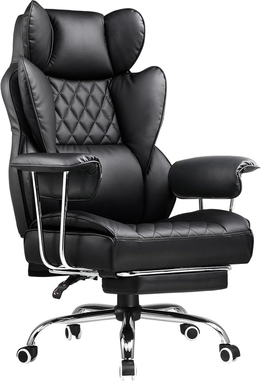Big and Tall Office Chair, High Back Leather Gaming Chair with Footrest, Executive Ergonomic Office Chair with Pocket Spring Lumbar Support and with Outward Fixed Soft Armrests