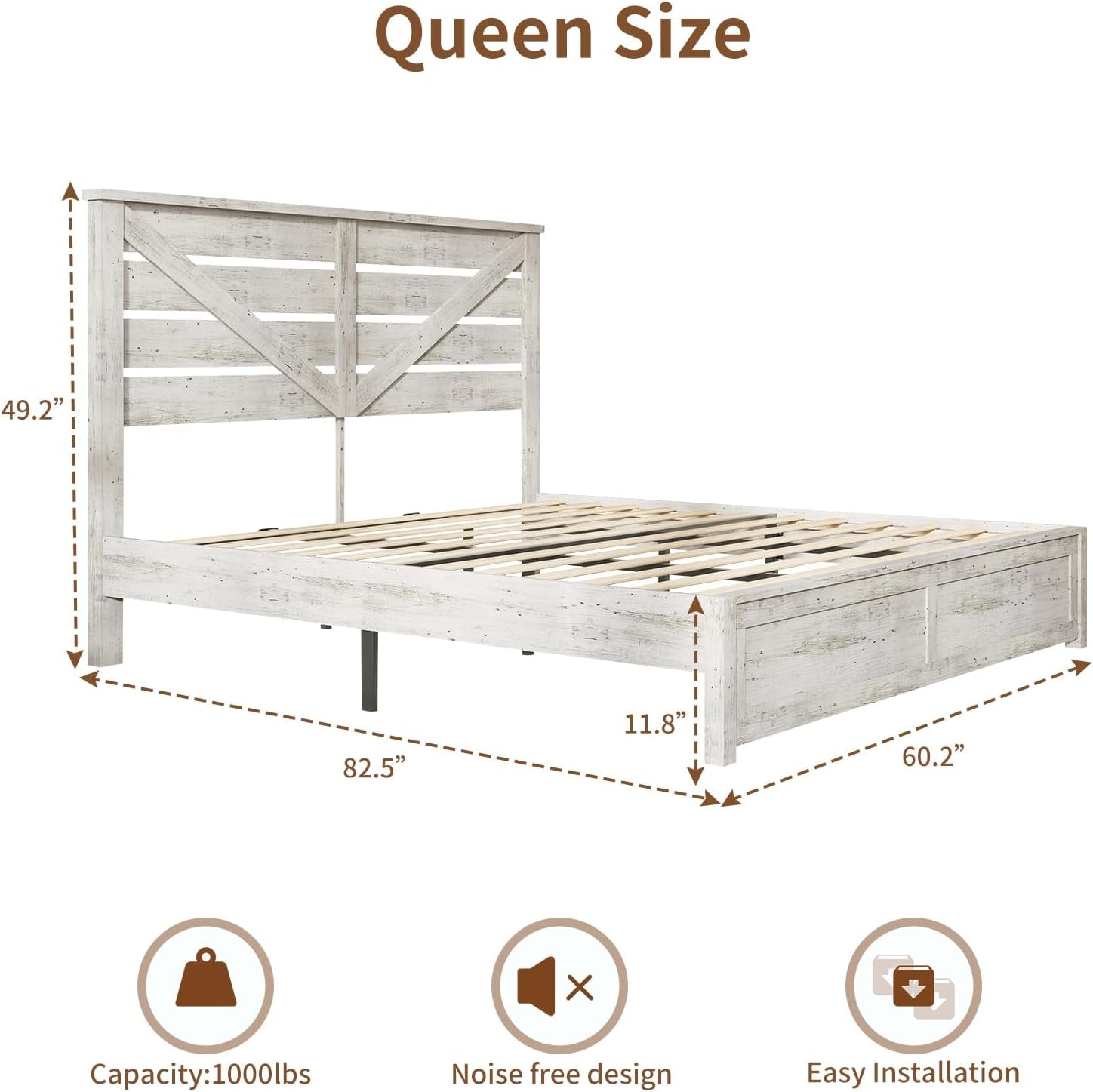 Queen Size Farmhouse Wooden Bed Frame, Platform Bed Frame with 49.2" Headboard/No Box Spring Needed/Noisy Free/Easy Assembly/Distressed White