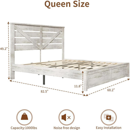 Queen Size Farmhouse Wooden Bed Frame, Platform Bed Frame with 49.2" Headboard/No Box Spring Needed/Noisy Free/Easy Assembly/Distressed White